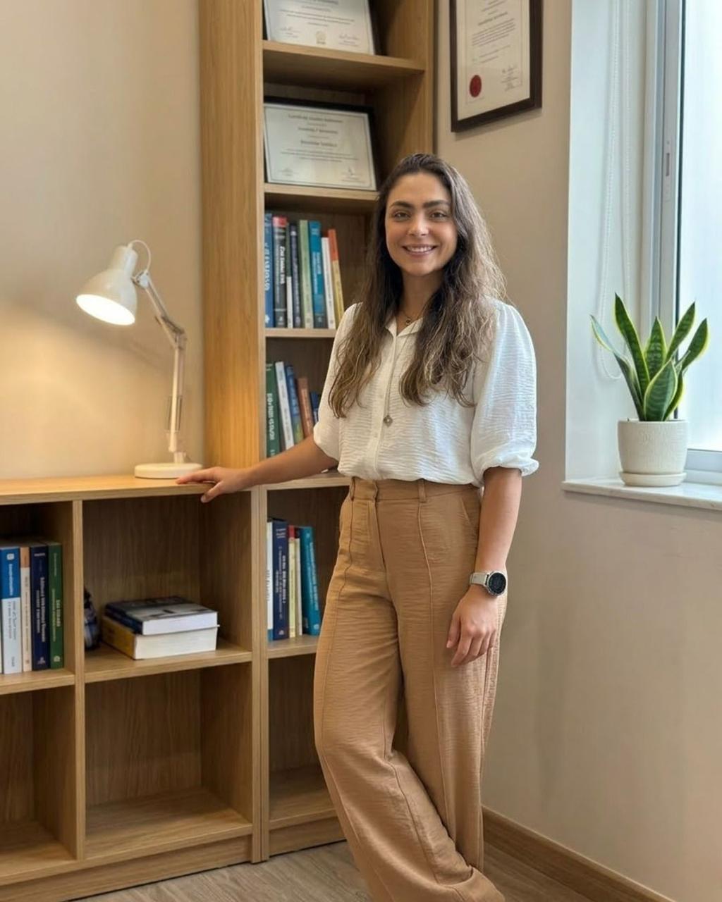 Rebeca Alcici em pé no consultório, ao lado da estante de livros e diplomas